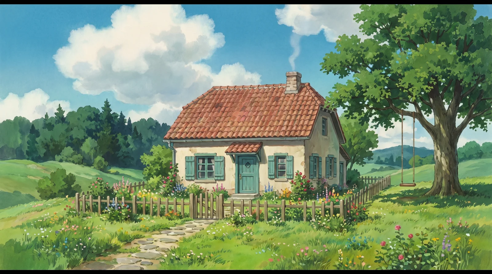 A finished cozy cottage with a tiled roof, chimney smoke, a flower garden and a tree with a swing on a sunny hilltop.