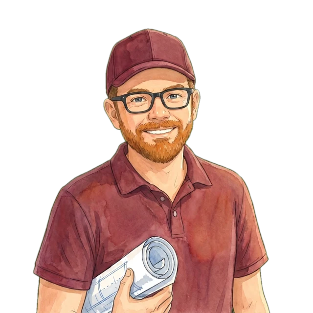 Professor Siemsen as a friendly animated character with a ginger beard, glasses and a maroon cap, smiling and holding a rolled-up blueprint.
